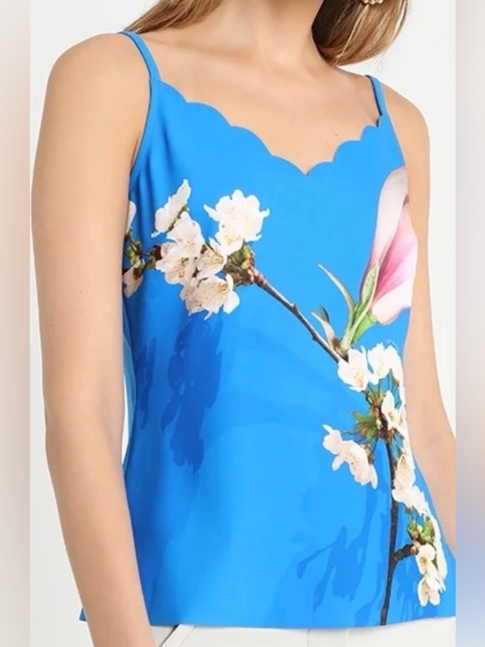 TED BAKER LONDON CHATSWORTH BLUE WHITE FLORAL SCALLOP EDGE TANK TOP SZ 5/12